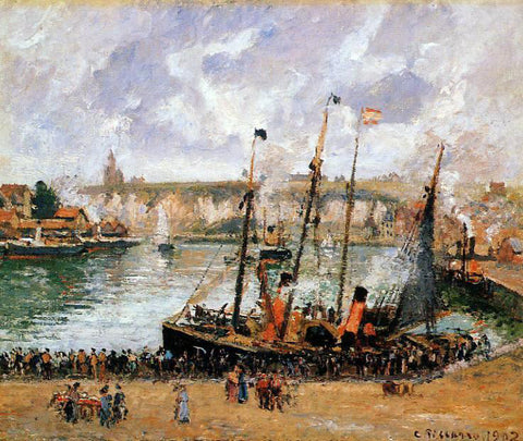  Camille Pissarro The Inner Harbor, Dieppe: High Tide, Morning, Grey Weather - Hand Painted Oil Painting