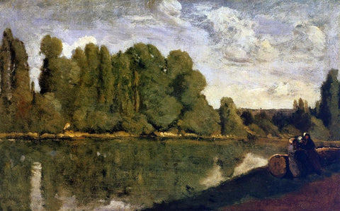  Jean-Baptiste-Camille Corot The Rhone - Three Women on the Riverbank Seated on a Tree Trunk - Hand Painted Oil Painting
