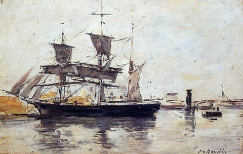  Eugene-Louis Boudin Three Masted Ship at Dock - Hand Painted Oil Painting