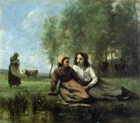  Jean-Baptiste-Camille Corot Two Cowherds in a Meadow by the Water - Hand Painted Oil Painting