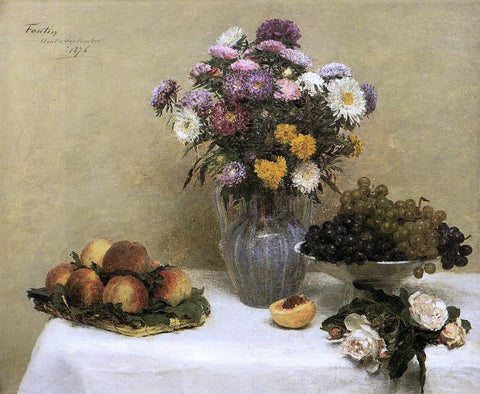  Henri Fantin-Latour White Roses, Chrysanthemums in a Vase, Peaches and Grapes on a Table with a White Tablecloth - Hand Painted Oil Painting